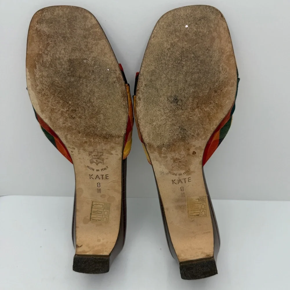 Brighton Women's Size 8 Square Toe Slide Sandals Multi Color Plaid Wedge Heels - Picture 7 of 8